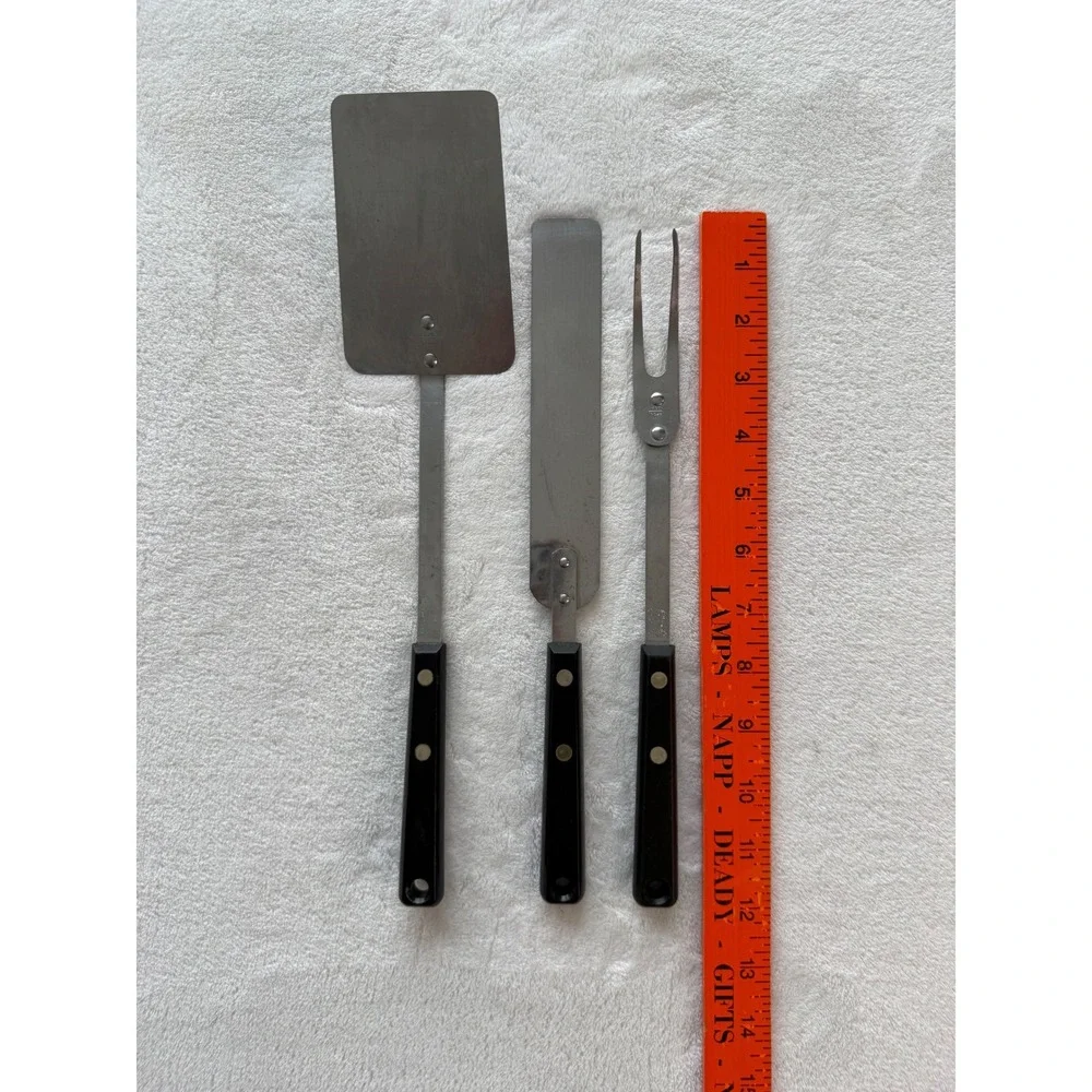 Vintage Set of 3 Ekco Forge Stainless Steel USA Spatula Turner Fork Black Handle